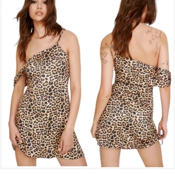 Nasty Gal Womens Twisted Asymmetrical Mini Dress - Leopard - Picture 1 of 14